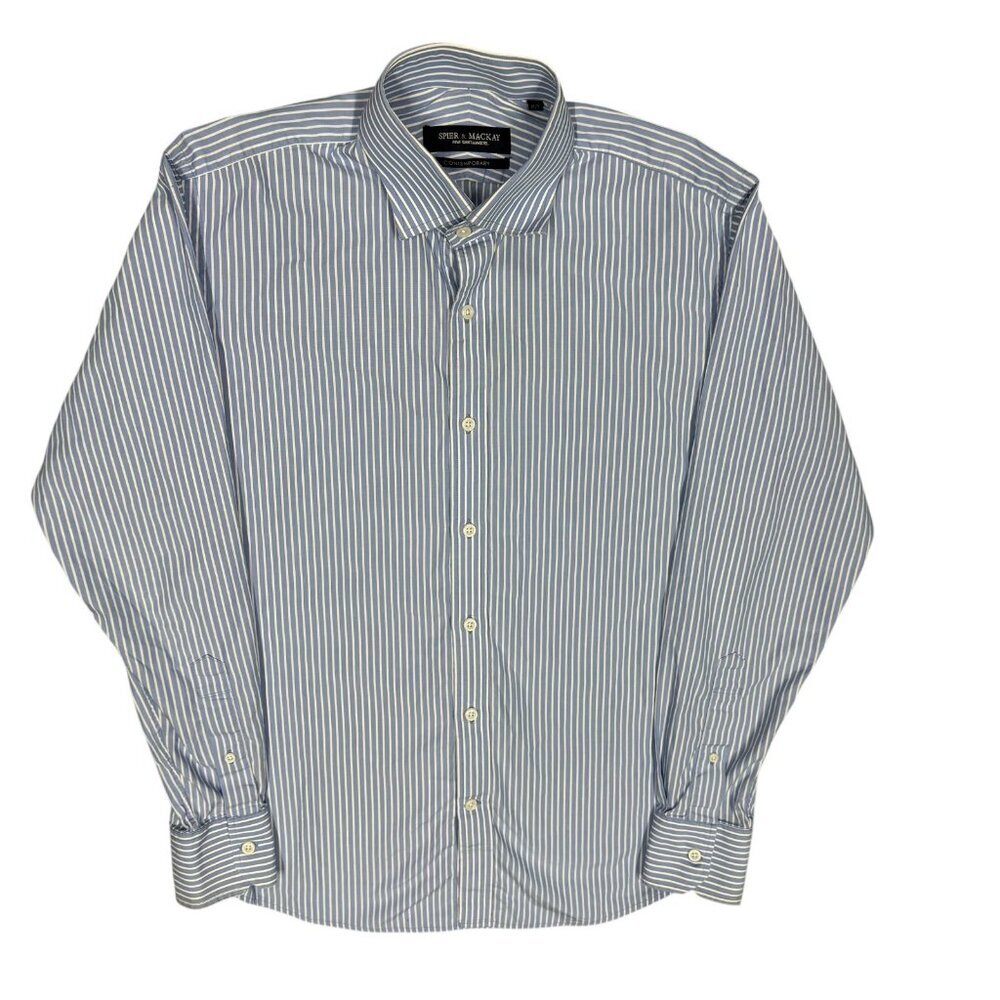 Spier & Mackay Dress Shirt Striped Long Sleeve Blue/White Cotton 15 1/2 Medium